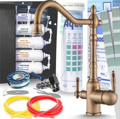 Produktbild von 3-Wege Küchenarmatur Ari Retro 2, 360 Grad schwenkbar, Keramikkartusche, mit Anschluss für Wasserfilter, antiker Messing