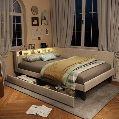 Produktbild von ProximaX Kuscheliges Polsterbett 140x200 cm mit integrierten Stauraum-Schubladen und weichem Veloursbezug für gemütliche Schlafzimmer, Beige