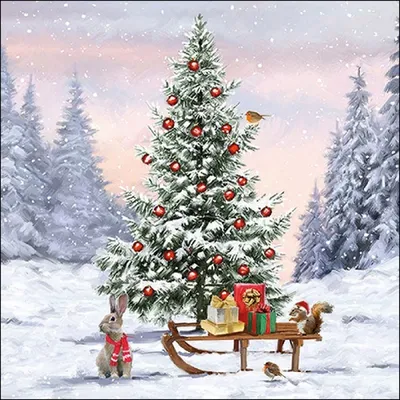 Produktbild von RP 20 Servietten Winter Animals - Schlitten mit Tiere an Tannenbaum 33x33cm