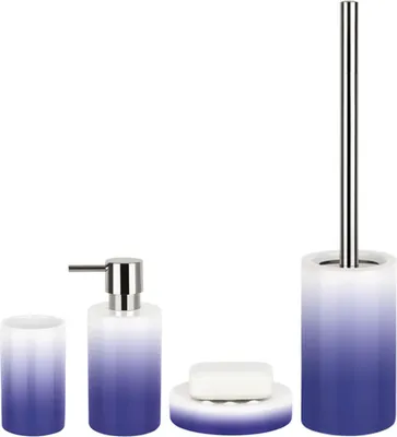 Produktbild von Spirella Badezimmer Set, 4-teiliges Badzubehör aus Porzellan Tube Seifenspender, Seifenschale, WC Bürste und Zahnputzbecher Weiß/Blau