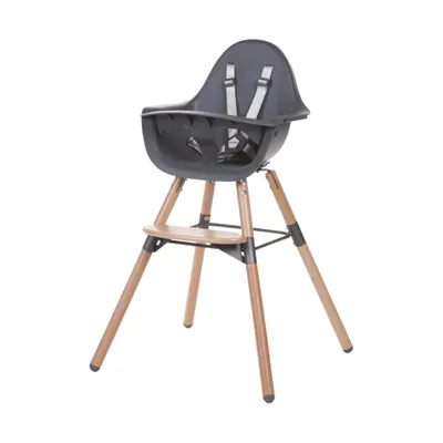 A high chair with a dark gray seat and natural wood legs, shown against a white background.