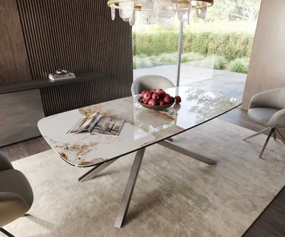 Produktbild von DELIFE Esstisch Edge Boot 200x100 Keramik Minas Melange Weiß-Beige Kreuzgestell Rechteck Edelstahl