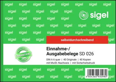 Produktbild von SIGEL SD026 Ausgabe-/Einnahmebelege, 1. und 2. Blatt bedruckt, mit Sicherheitsdruck, A6 q, selbstdurchschreibend, 2 x 40 Blatt