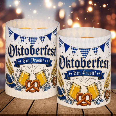 12 Windlichter Oktoberfest-Deko Bierkrug Brezel 8,5x10 cm