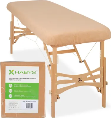 Produktbild von Einteiliges Habys Frottee-Spannlaken für klappbare Massageliegen Massagetische | 60-65/180-185 cm | mit Gummizug | Physio Kosmetik | Beige