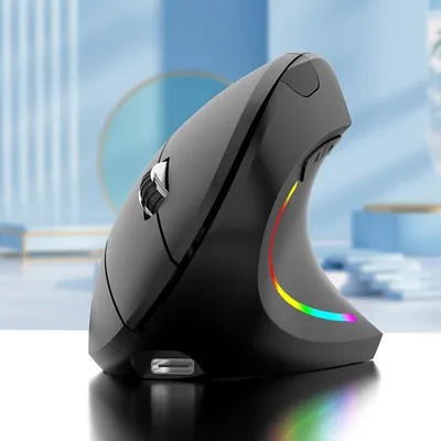 A black vertical mouse with RGB lighting is shown against a blurred background of blue and white abstract shapes.
