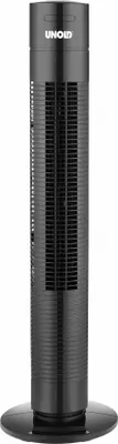 A black tower fan on a white background.