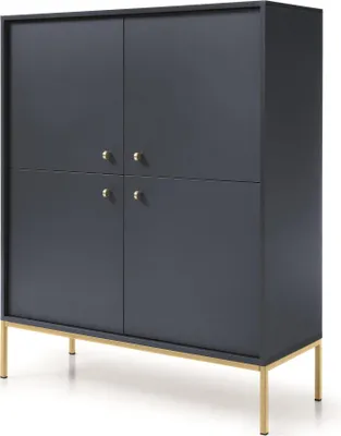 Zdjęcie produktu dla Elegancka komoda do salonu i sypialni z 4 drzwiami MAXIM Nowoczesna komoda ze złotymi uchwytami i metalowym stelażem Wysoka granatowa komoda z nóżkami, Kolor: granatowy, Kolor nóżek: złoty