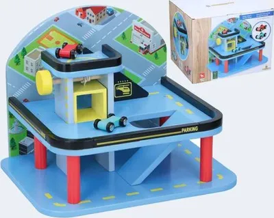 Produktbild von Marionette Wooden Toys - Holzspielzeug Holzgarage-Set - 100%Label - 2 Autos - Blau