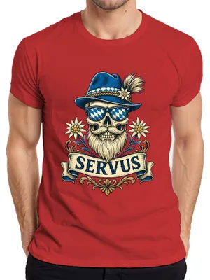 Zdjęcie produktu dla Czapka w bawarskim stylu z motywem czaszki, kwiatami edelweiss i napisem "Servus". Skórzane spodnie bawarskie. T-shirt męski, czerwony, rozmiar 3XL