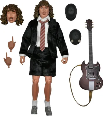 An action figure of Angus Young from AC/DC, along with his accessories, displayed against a white background.