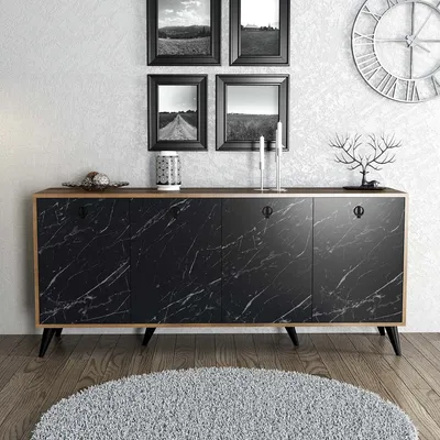 Obrázek produktu pro Skye Decor, moderní konzolový stolek, ořech a černý mramor, 180 x 80 x 45 cm | 100% melaminem potažená dřevotřísková deska, tloušťka 18 mm | S mnoha policemi, možnost montáže na zeď.