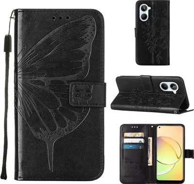 Produktbild von Lederhülle für Realme 10 4G Schmetterling Prägung Flip Ledertasche Kartenfächer Handyhülle mit Ständer Schwarz