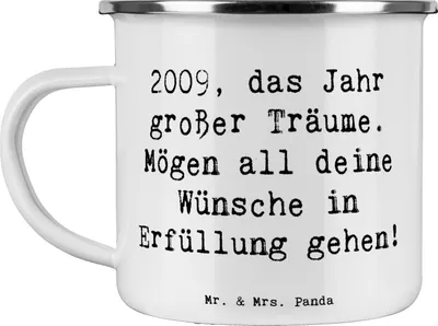 Produktbild von Mr. & Mrs. Panda Pott Spruch 2009 Geburtstag - Weiß - Geschenk, Herzgeschenk, Jahrgang, Happy Birthday, Emaille Becher, Geburtstagsgeschenk, Teetasse, Emailletasse, Alter