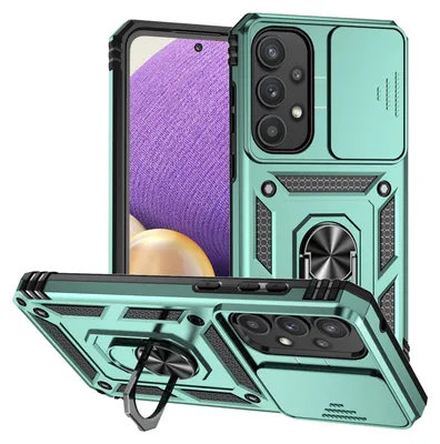 Immagine prodotto di Custodia per Samsung Galaxy A35 5G a doppio strato con copertura scorrevole della fotocamera e supporto ad anello verde