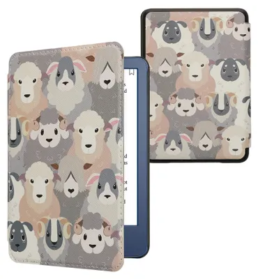Produktbild von kwmobile Schutzhülle für Amazon Kindle (2022/2024) Hülle - eReader Flip Case mit Auto Sleep Funktion - Schaf mit Weiß Braun Grau