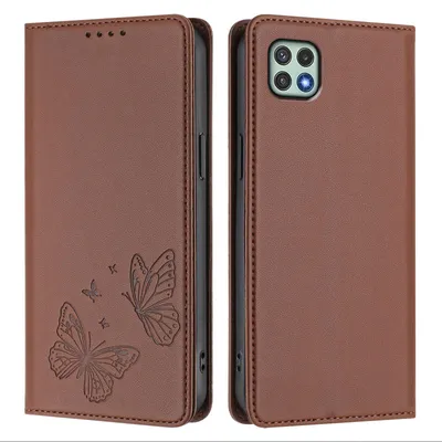 Image de Étui en cuir pour Samsung Galaxy A22 5G, motif papillon en relief, étui à rabat type portefeuille avec support, marron