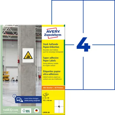 Produktbild von Avery Zweckform L7876-20, Stark haftende Papier-Etiketten, A4, 105 x 148 mm, 80 Etiketten / 20 Bögen, weiß