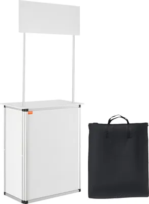 A white promotional counter with a banner on top and a black carrying bag next to it, all on a white background.