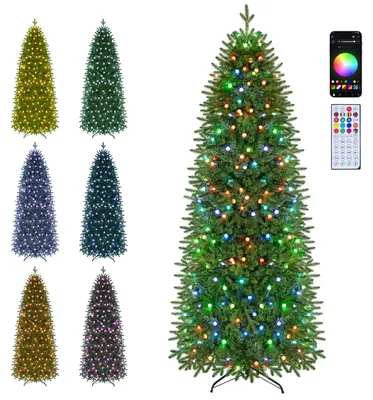 Productafbeelding van COSTWAY kerstboom, 225 cm hoog, smal, met 948 PE- en PVC-punten, groene kerstboom met 280 LED's, 42 lichteffecten en een metalen voet