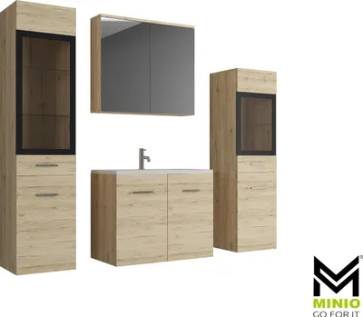 A set of bathroom furniture, including a vanity with a sink, a tall cabinet with a glass door, and a medicine cabinet with mirrors, arranged against a white background.