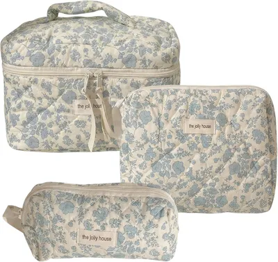 Imagen del producto de Estuche de maquillaje de 3 piezas, de algodón, con estampado floral azul, organizador de viaje