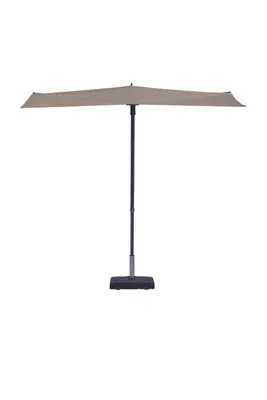 A rectangular patio umbrella with a tan canopy and a dark gray pole and base, isolated on a white background.