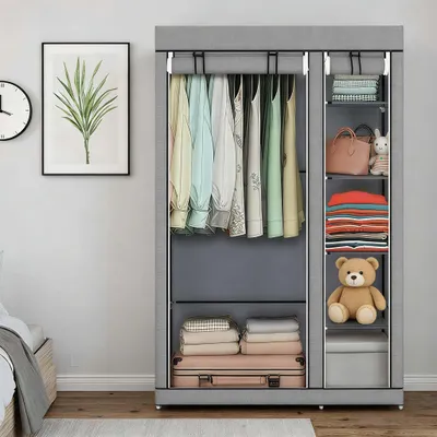 Produktbild von Tragbarer Kleiderschrank, Stoffschrank, Kleiderständer mit Kleiderstange, Ablagen und Stoffbezug, Stoffkleiderschrank faltbar, Grau