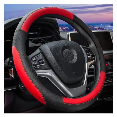 Productafbeelding van Stuurhoes auto, universeel, 38 cm, echt leer, ademend, sportief, antislip, zwart/rood