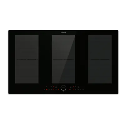 A top-down view of a black induction cooktop with six cooking zones and a control panel.