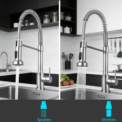 Produktbild von Aica Küchenarmatur Federzug Ausziehbar Brause Spültischarmatur Wasserhahn 2 Strahlarten 360° Schwenkbar Edelstahl Gebürstet