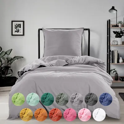 A bed with gray bedding is shown in a room setting. Below the bed, there are circular swatches of different colored bedding options.