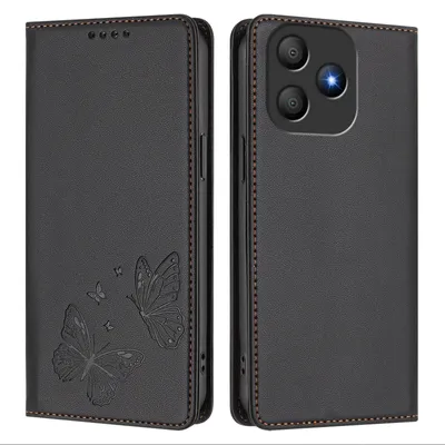 Produktbild von Lederhülle für Blackview Wave 9C, Schmetterling Prägung Leder Brieftasche Schutzhülle mit Ständer Schwarz