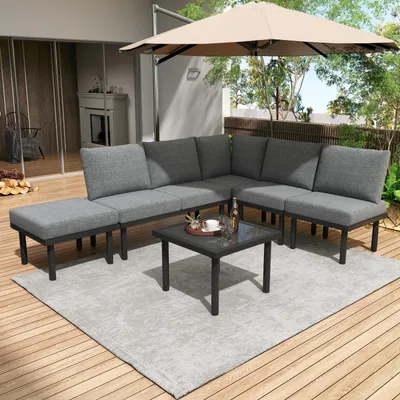 Image de OKWISH Salon de Jardin 6 Pièces - Mobilier Extérieur Gris avec Coussins et Table en Verre Trempé, Chaises Longues et Pieds Réglables