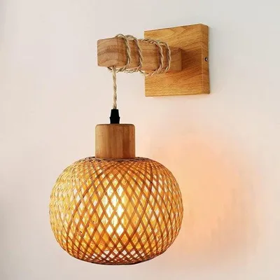 Obrázek produktu pro Retro nástěnná lampa ze dřeva a kovu, kulová žárovka E27 s ratanovým stínidlem do obývacího pokoje, ložnice, předsíně, jídelny, max. 60 W
