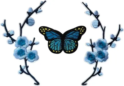Produktbild von Blüten-Schmetterlings-Emblem-Patch-Set zum Aufbügeln, Blau