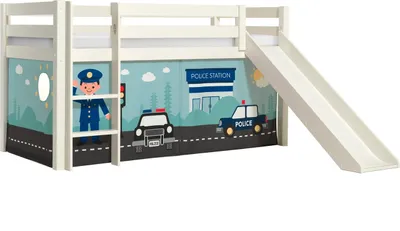 Produktbild von Halbhohes Bett Pino mit Rutsche und Textilset Polizei Kiefer Weiß lackiert