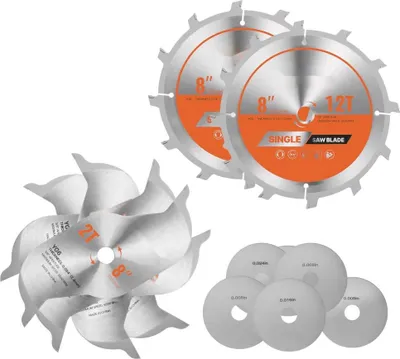 Immagine prodotto di Set di lame per sega dado (203 mm φ, 12 denti da taglio) in lega - Set di frese per scanalature con frese per trucioli e rondelle - Funzione di riduzione del rumore e di estrazione del calore - Ideale per il taglio di legni duri