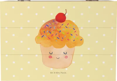 Produktbild von Mr. & Mrs. Panda Truhe Cupcake 22 x 15 cm - Gelb Pastell - Geschenk, Küche Spruch, Lustige Sprüche, Box, Holzkiste mit Deckel, Muffin, Motivation, Cupcakes, Wunder, Deko