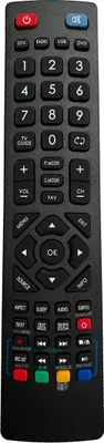 A black remote control with various buttons.