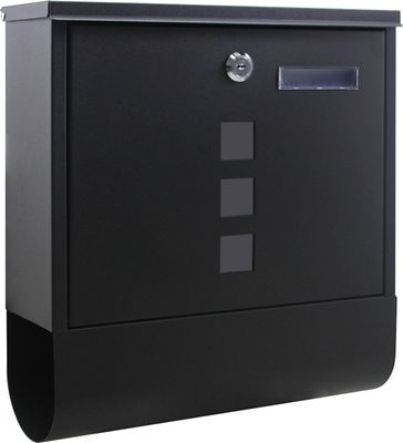 Wiltec Briefkasten mit Zeitungsrolle, schwarz, 305 x 95 x 335 mm, Wandbriefkasten mit Namensschild, Sichtfenstern, Schloss und Zeitungsrolle, Postkasten aus pulverbeschichtetem Stahl