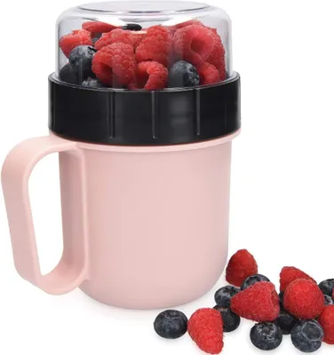 Produktbild von Joghurtbecher to go - Müsli Unterwegs Becher - Praktischer Frühstücksbecher - Lunchpot - 520 ml + 230 ml - Rosa Joghurtbecher to go