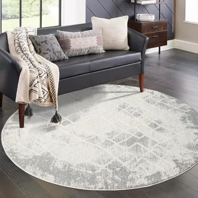 Produktbild von Teppich Wohnzimmer Kurzflor - Grau - 200 cm Rund - Klassisch Modern Vintage, Bordüre, Geo-Muster