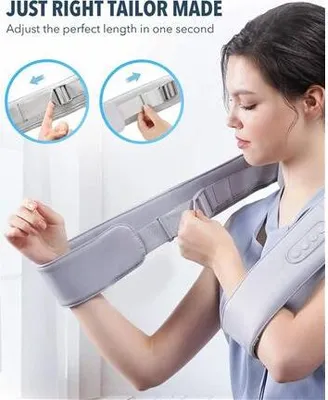 A woman is demonstrating how to adjust a shoulder and neck massager.
