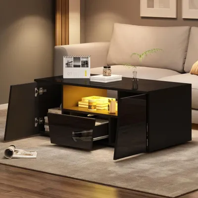 Image de Table basse - Table d'appoint - Table de salon - Petite table - Table - Blanche brillante - 2 rangements et 1 tiroir