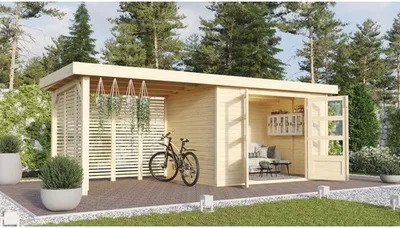 Produktbild von Gartenhaus Karibu Kodiak 4 inkl. Anbaudach 2,8 m, Feuerholzoption 591,5 x 238 cm natur