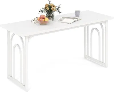 Productafbeelding van Eettafel van hout, 160 x 60 cm, rechthoekige keukentafel met metalen poten, eettafel voor 6-8 personen, grote tafel voor eetkamer, woonkamer, restaurant, wit