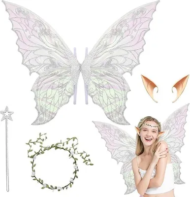 Produktbild von Feenflügel Kostüm, Feenflügel, Schmetterlingsflügel, Elfenflügel mit Elfenohren, Blumenkranz, Feenflügel, Damen, funkelnde Engelflügel, für Kinder, Mädchen