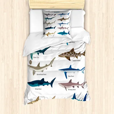 Produktbild von ABAKUHAUS Hai Mantele, Cartoon-Haifisch-Typen Wilde, Milbensicher Allergiker geeignet mit Kissenbezügen, 135 cm x 200 cm - 80 x 80 cm, Mehrfarbig