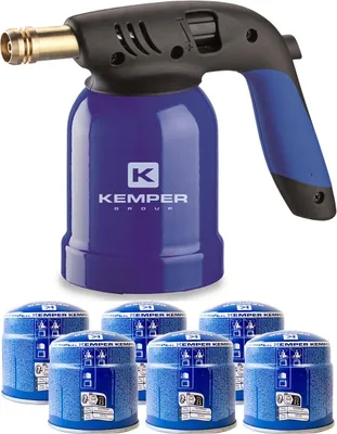 Image de Lampe a souder Coque Acier Allumage piezo + 6 Cartouches de gaz 190gr STOP GAZ Perçables KEMPER